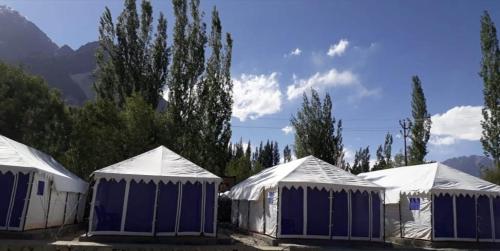 une rangée de tentes bleues et blanches avec des arbres dans l'établissement Northern Valley Camp - Nubra, à Hundar