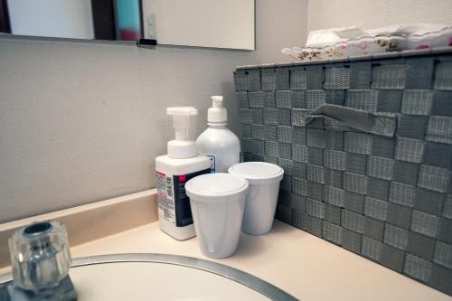 a bathroom sink with two bottles and cups on it at Grand Hotel Narita Airport in Akaike