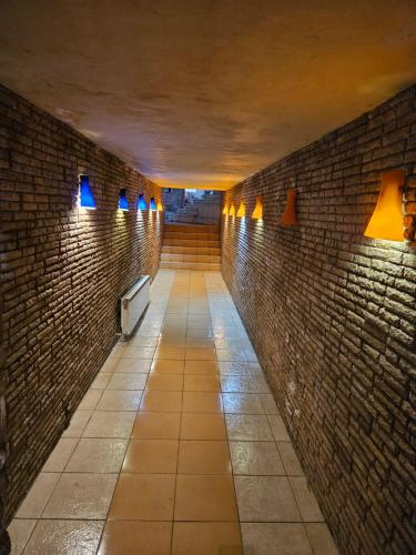 a long hallway with a brick wall and blue lights at Victori SPA in Dobrinishte