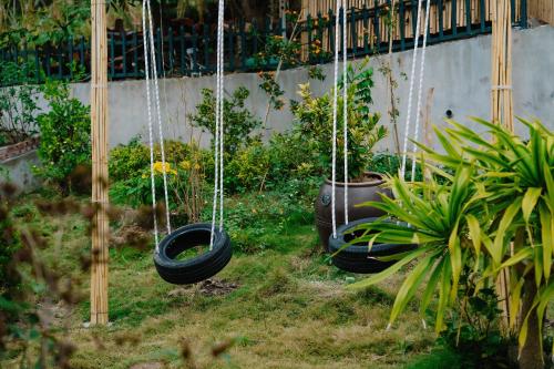a group of tires hanging from a fence with plants at Windy Homestay in Cat Ba