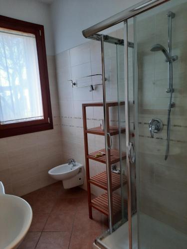 a bathroom with a shower and a toilet and a sink at Agriturismo Ai Carpini in Marcon