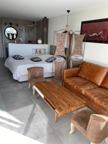 un salon avec un lit et un canapé dans l'établissement Village Naturiste Le Cap d’Agde Heliopolis Sud Vue Mer, au Cap d'Agde