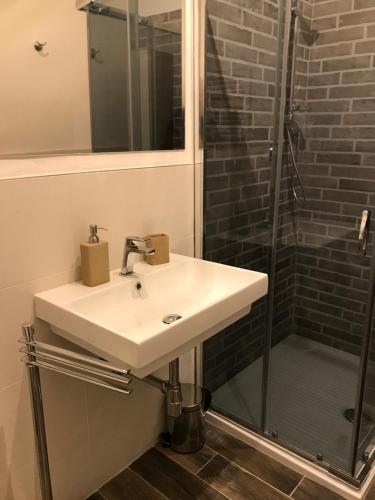 uma casa de banho com um lavatório e um chuveiro em MagloInnFiera em Bolonha