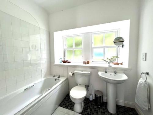a white bathroom with a toilet and a sink at Normanns Ruh in Ballygown
