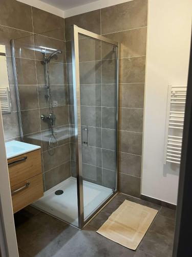 une douche avec une porte vitrée dans une salle de bain dans l'établissement Très beau T2, à Ajaccio