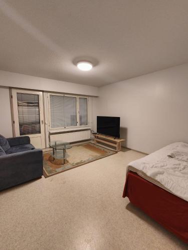 1 dormitorio con 1 cama, TV y sofá en Ketola Apartments Reisjärvi, en Reisjärvi