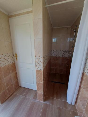 a walk in shower with a white door in a bathroom at MANÓ HORDÓHÁZAK in Pázmánd