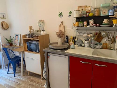 a kitchen with a sink and a counter with a microwave at Jolie studette avec Patio style Cabanon in Marseille