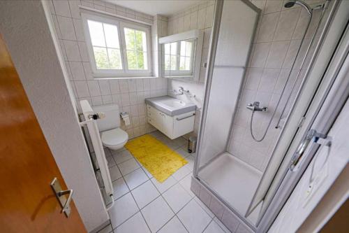 a white bathroom with a shower and a toilet at Chalet Alpenmoos (150m2 - max.11) in Lenk