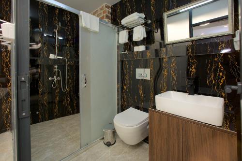 uma casa de banho com um WC, um lavatório e um espelho. em Galata By Boss Hotel em Istambul