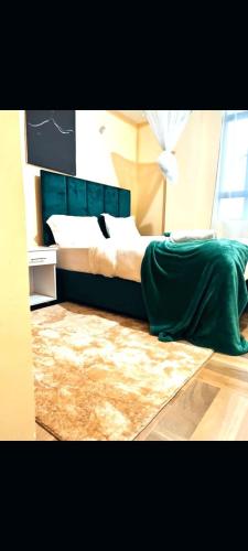 a bedroom with a bed with green sheets and a rug at pgs plaz in Nakuru
