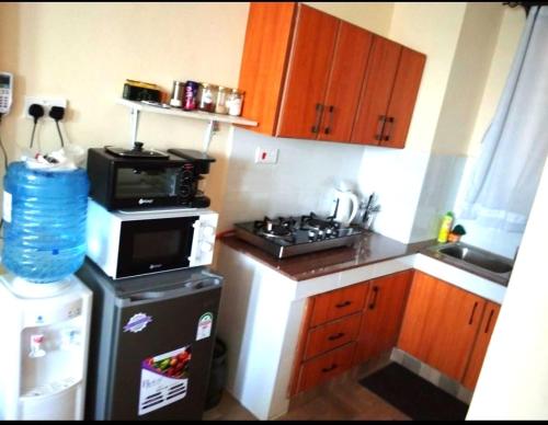 a small kitchen with a stove and a microwave at pgs plaz in Nakuru