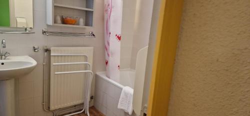 a bathroom with a shower curtain and a sink at Hotel Chez Jeanne in La Bourboule