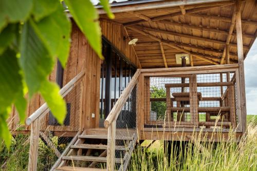 a wooden house with a staircase leading up to it at Ecau Lodge - Logement insolite à 30km de Pairi Daiza in Écaussinnes-dʼEnghien