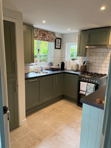 una cocina con armarios verdes y fregadero en Luxury Cottage with Garden en Bredon