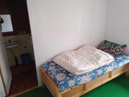 Cama pequeña en habitación pequeña con lavabo en Hotel Summit en Dingboche