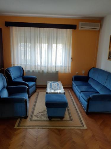 a living room with blue couches and a coffee table at Zanovetak in Sombor