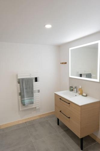 une salle de bain avec un lavabo et un miroir dans l'établissement Chalet : Secteur Gérardmer., à Ban-sur-Meurthe-Clefcy