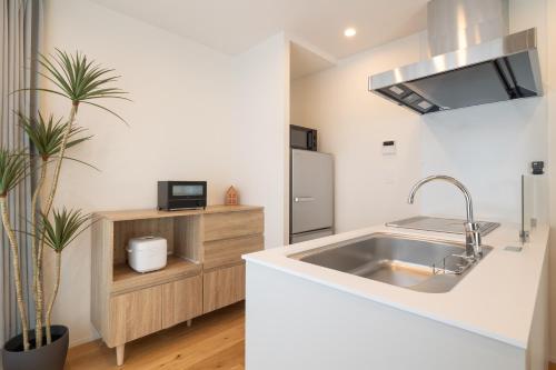 a kitchen with a sink and a refrigerator at Dash Living Kagurazaka in Tokyo