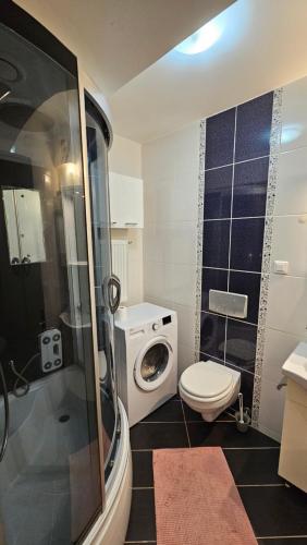a bathroom with a washing machine and a toilet at Airport Residence in Otopeni