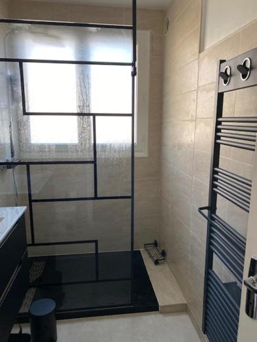 une salle de bain avec une douche avec une porte vitrée dans l'établissement Studio 33 m2 , climatisé, parking extérieur privé gratuit, à Amélie-les-Bains-Palalda