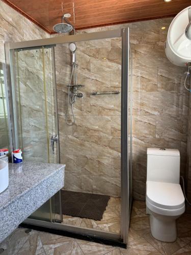 a bathroom with a shower and a toilet at Road Map Guest House in Addis Ababa