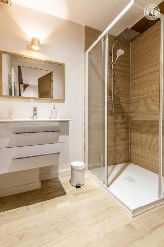 a bathroom with a shower and a sink and a mirror at Le Domaine de Moroges in Moroges