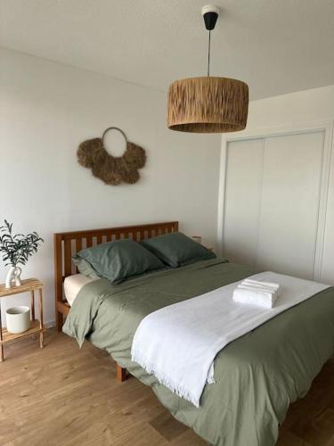 a bedroom with a bed and a pendant light at Perle Rare vue Mer et marais salants sur Giens à Hyeres in Hyères