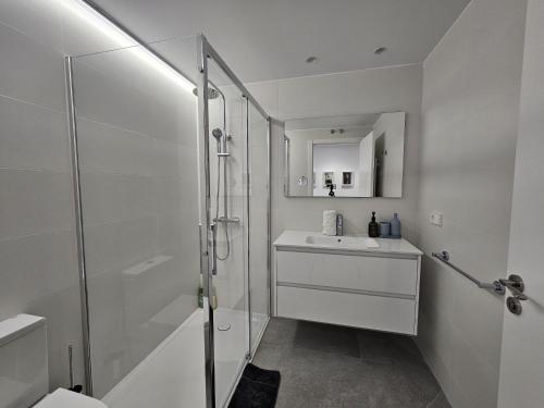 La salle de bains est pourvue d'une douche et d'un lavabo. dans l'établissement El Chupinazo Estafeta 85 TuApartamento, à Pampelune