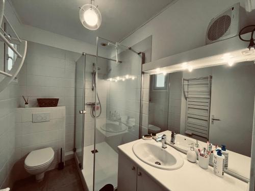 une salle de bain avec un lavabo, une douche et des toilettes dans l'établissement Maison du centre, charme & océan, à Saint-Jean-de-Monts