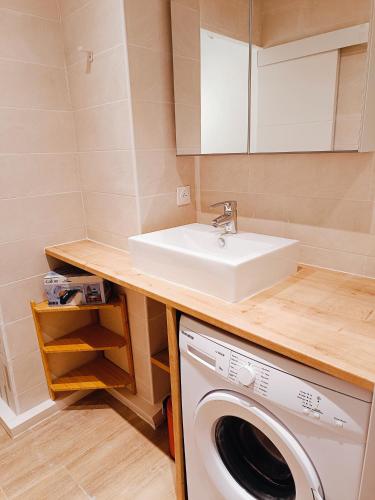 une salle de bain avec un lavabo et une machine à laver dans l'établissement Deux pièces rénové climatisé cœur du vieil Antibes, à Antibes