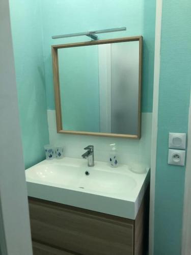 une salle de bain avec un lavabo et un miroir dans l'établissement Appartement en centre ville pour 4 personnes, à Roye