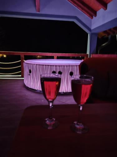 two glasses of red wine sitting on a table at Vila Dimitrijevic Lisine in Despotovac