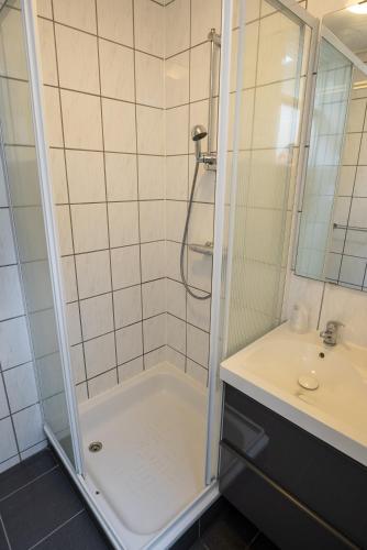 a bathroom with a shower and a sink at De Berkenhof in Nes