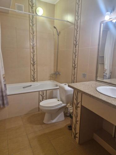 a bathroom with a toilet and a tub and a sink at Nurtau in Pavlodar