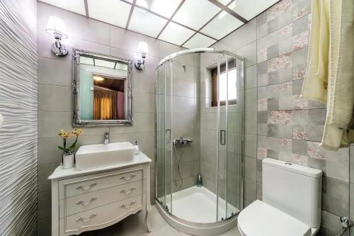 Villa Kampos في كوكيني خانيون: حمام مع مرحاض بالوعة ومرآة