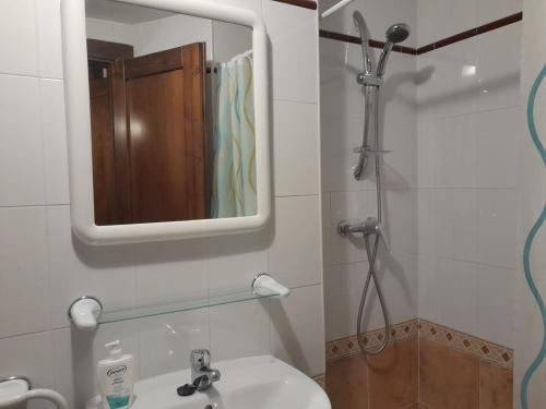 La salle de bains est pourvue d'un lavabo, d'un miroir et d'une douche. dans l'établissement Apartamento Nevados 19101, à Anciles