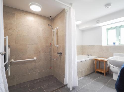 a bathroom with a shower and a toilet and a sink at Swydd Long Barn Swyddffynnon in Ystrad-Meurig