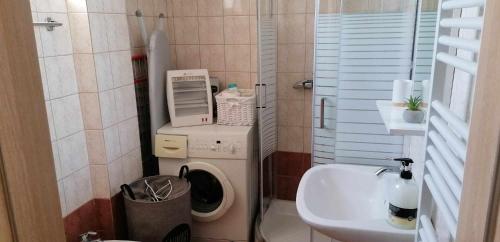 un piccolo bagno con lavatrice e lavandino di Foivos Apartment a Komotini