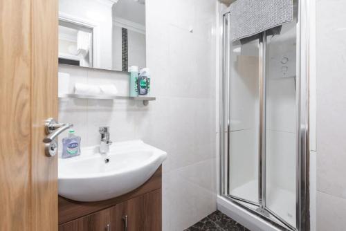 a white bathroom with a sink and a shower at Central 1BED APT RELIABLE FAST WIFI & TV in Dublin