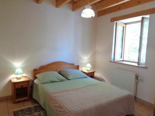 ein Schlafzimmer mit einem Bett mit zwei Lampen an Tischen in der Unterkunft Gîte La Tuilière, 4 pièces, 8 personnes - FR-1-496-115 in Saint-Priest-la-Prugne