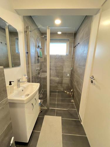 a bathroom with a shower and a sink and a toilet at Room in Billund near Lego House & Legoland in Billund