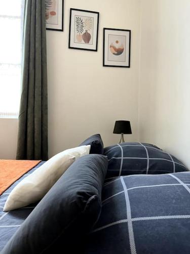 - une chambre avec un lit bleu et des oreillers dans l'établissement Studio 4 - Cosy Bord De Loire, à Orléans