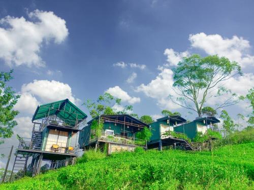 un groupe de maisons vertes sur une colline dans l'établissement Box on clouds, à Ella