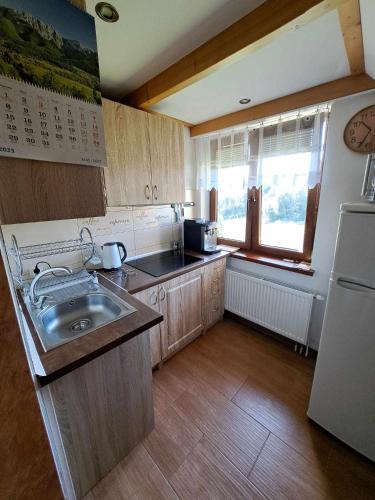 a small kitchen with a sink and a refrigerator at Apartament u Chowańców (blisko baseny termalne) in Bańska Niżna