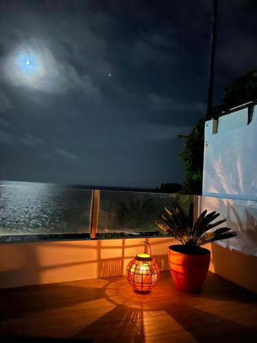 a lighted lamp sitting next to a potted plant on a balcony at Esplanada do Ilhéu in Vila Franca do Campo