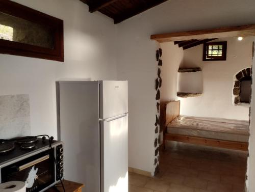 a kitchen with a refrigerator and a room with a bed at Virgin Beauty in Armenistis