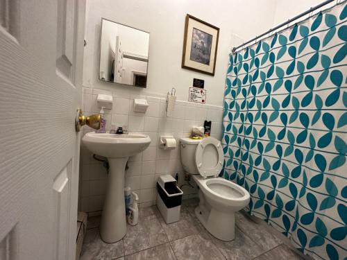a bathroom with a toilet and a sink at Townhouse in Uptown Manhattan in New York