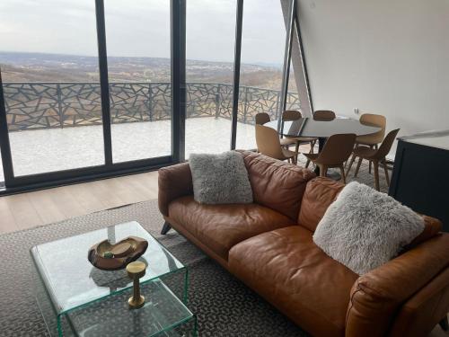 a living room with a brown leather couch and a table at Wine Valley Villas in Lipovac