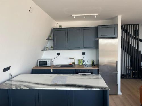 a kitchen with blue cabinets and a refrigerator at Wine Valley Villas in Lipovac